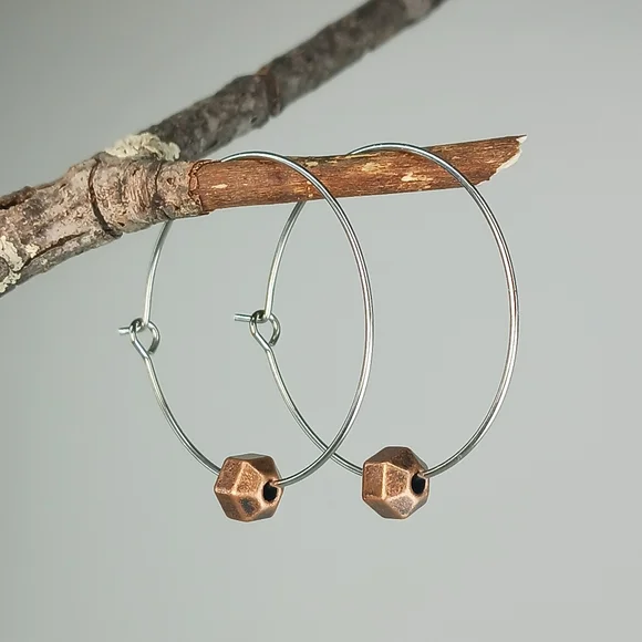 HAND CRAFTED Stainless Steel Copper Minimalist Modern Mixed Metal Hoop Earrings - Picture 1 of 5
